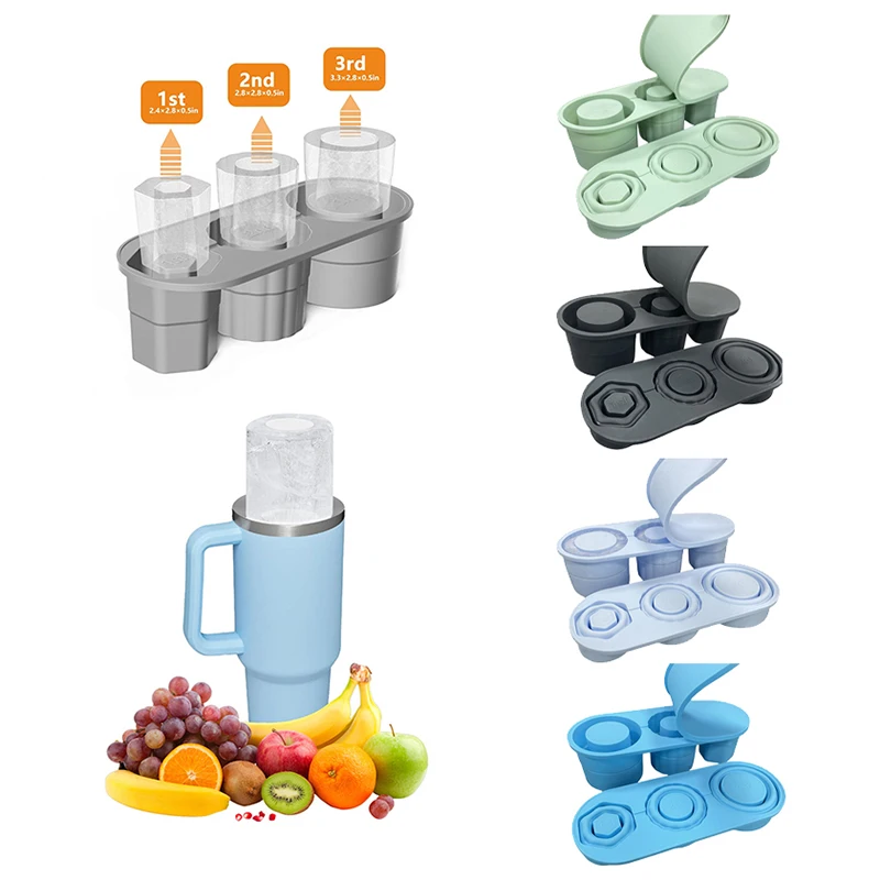 Cylinder Ice Cube Tray For Stanley Cup Tumbler Collapsible Reusable Silicone Ice Molds One-Piece 3-Grid For Drink Juice Coffee ice mold