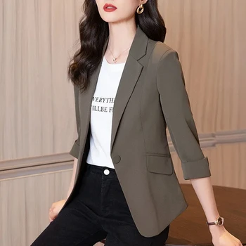 Spring Summer Women Seven Points Sleeve Small Suit Coat Korean Female Solid Color Blazer Jacket Ladies New Leisure Fashion Tops - Image 2