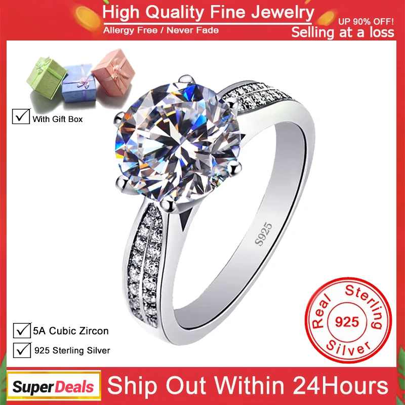 Real Original Silvery Rings for Women Luxury 3 Carat Cubic Zircon Rings Bride Wedding Jewelry Gift R006