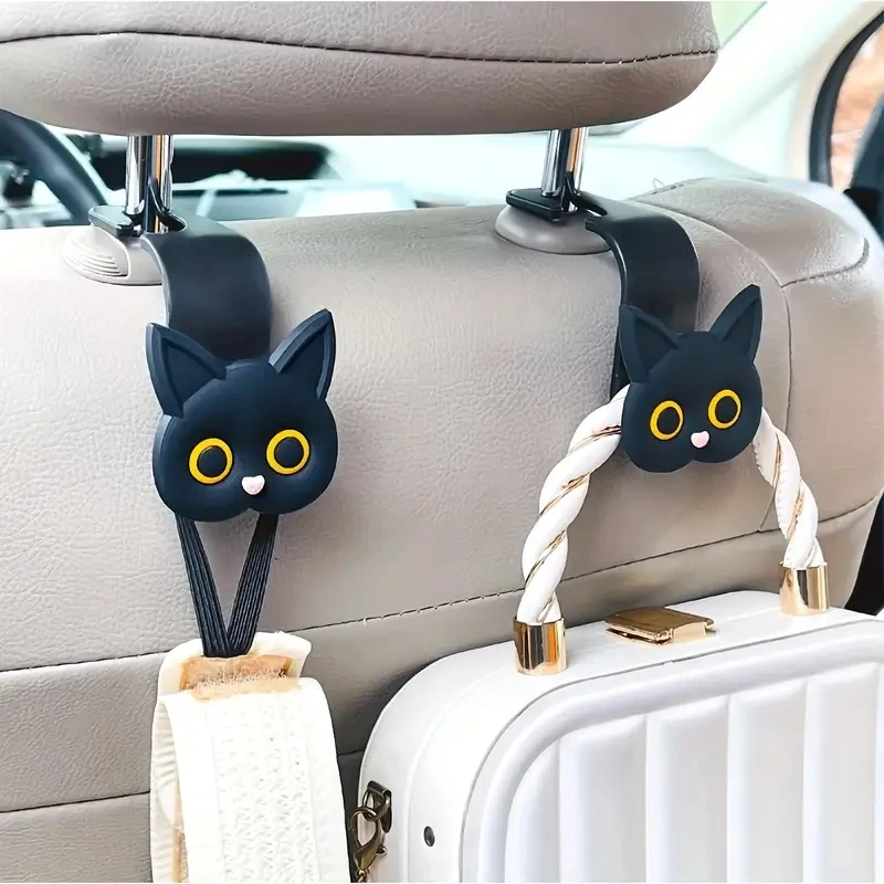 Creative 2pcs Adorable 3D Cartoon Cat Car Seat Headrest Hooks - Universal Vehicle Storage Organizer For Handbags Purses Coats