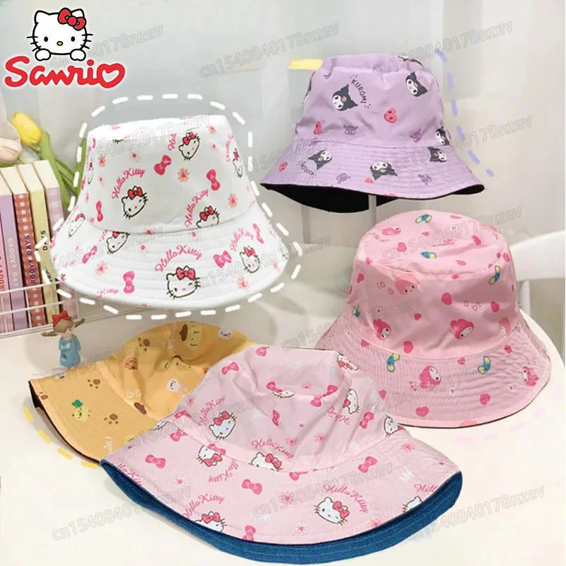 

Sanrio Anime Sun Hat Hello Kitty Kuromi Double-sided Embroidered Fisherman Hat Cute Cartoon Printed Summer Sun Hat for Girls