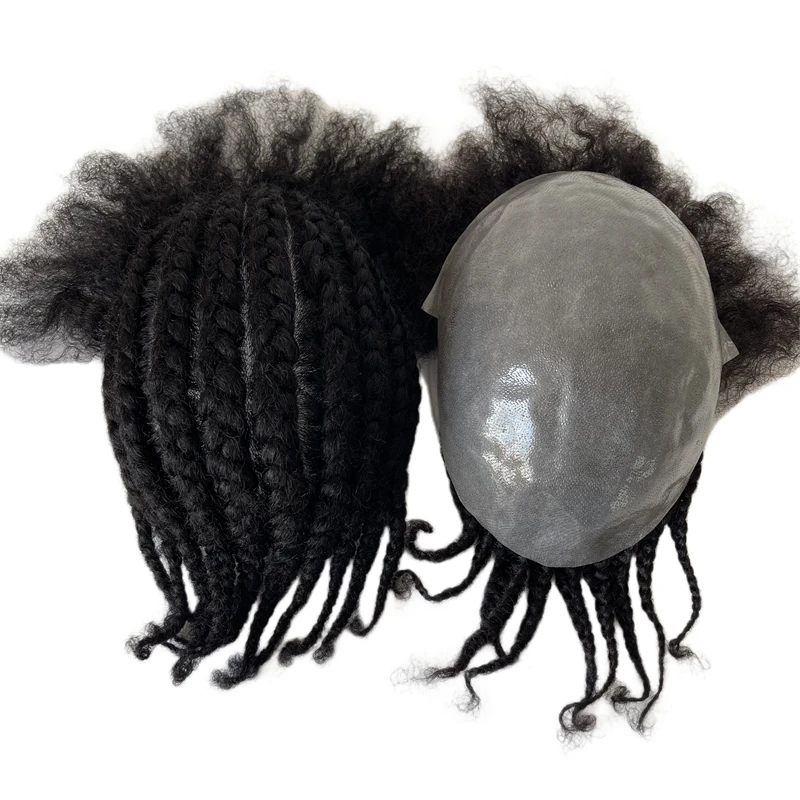 Mongolian Virgin Human Hair Hairpieces 1# Jet Black Color Cornrow Braids Unit 8x10 Full PU Toupee for Black Men