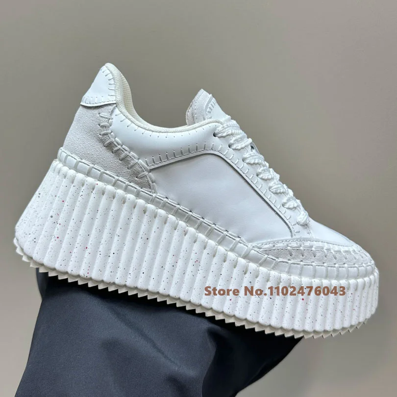 

White Genuine Leather Platform Thick Sole Sport Shoes Women Round Headed Heightened Lace up Sewing Solid Color Casual Shoes