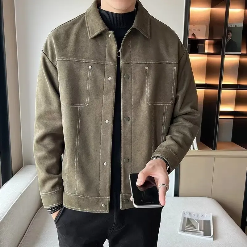 

Men's Casual Jackets Fashion Suede Trendy Brand High-end Loose Jackets 2024 Spring Autumn Men's Trendy Green Coat Street