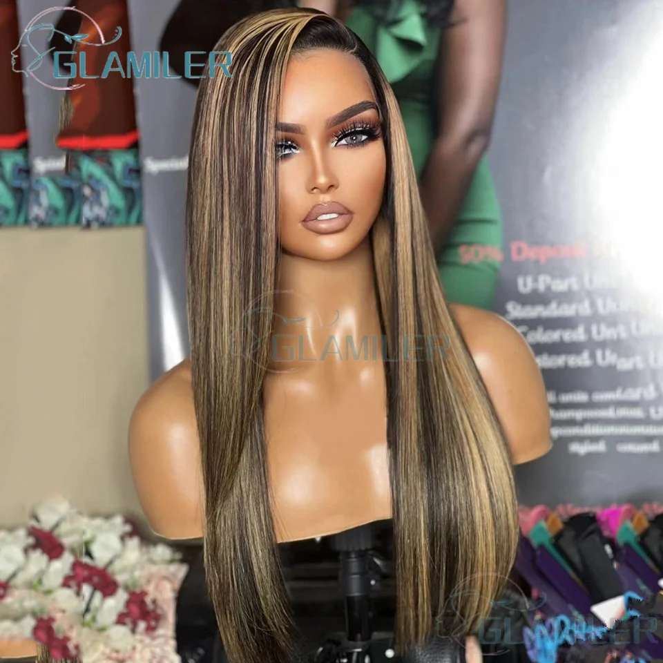Highlight Straight 13x4 Silk Base Lace Frontal Wigs Human Hair Blonde Highlights Colored Brazilian 5x5 Silk Top Closure Wigs
