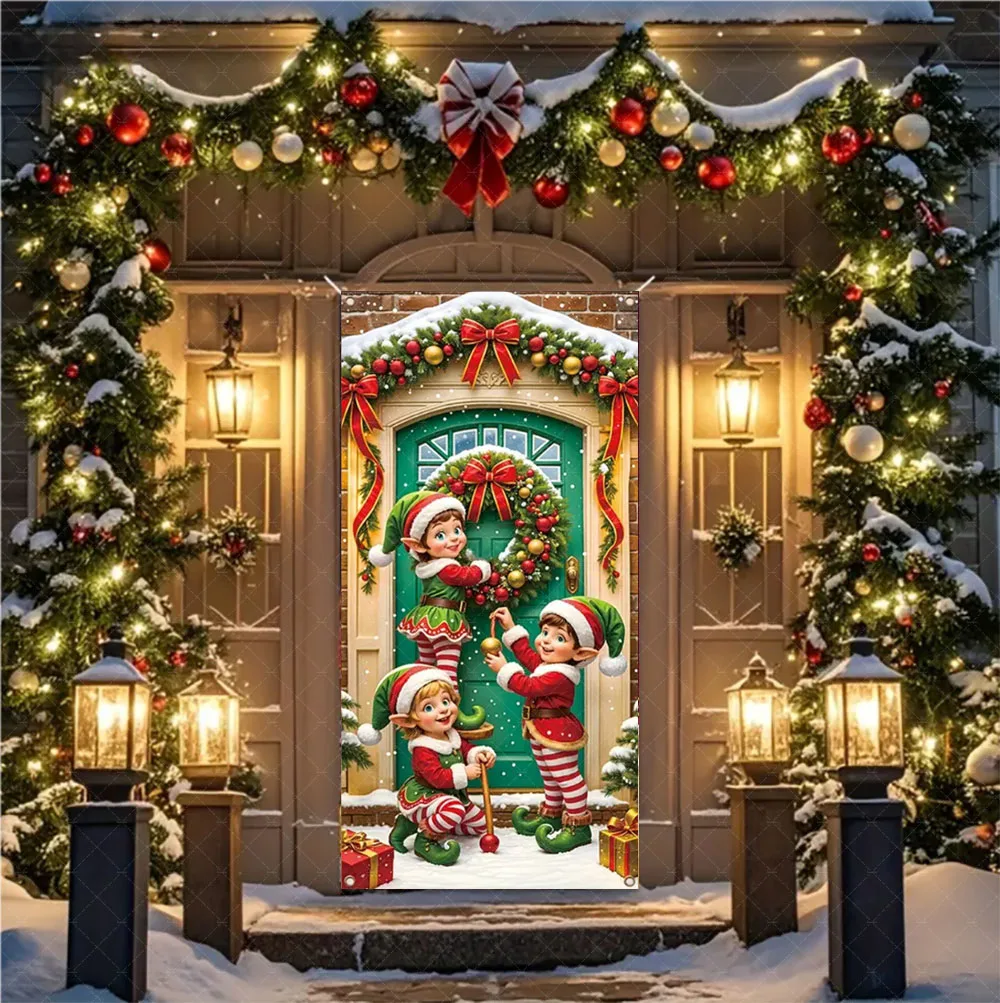 Weihnachten Santa und Elch Thema Hintergrund Nuss Cracker Schneemann Tür Banner Indoor Outdoor Veranda Tür Abdeckung Fotografie Hintergrund – Detail 1