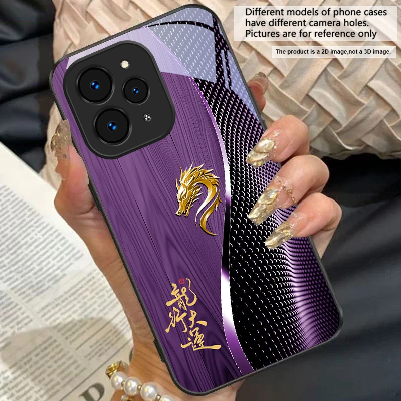 Elegant Black Tempered Glass Phone Case with Traditional Dragon Totem Design