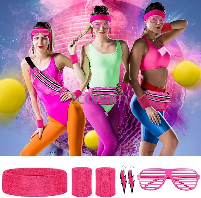 2023 anni '80 Set di accessori per costumi da allenamento per donna Sport  marsupio fascia al Neon protezione per il polso borsa sportiva orecchini  con fulmini