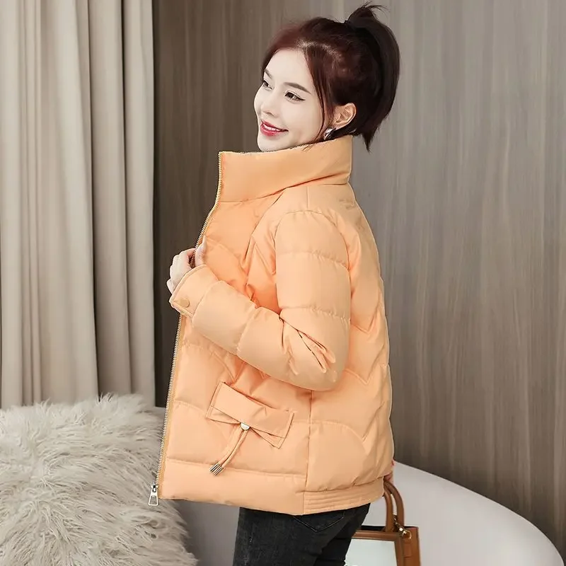 Thickened Stand Collar Short Cotton Coat for Women Featuring Butterfly Knot Splicing and Zipper Casual and Fashionable Outerwear