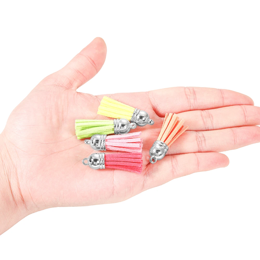 Elegant Leather Tassel Charms with Gold and Silver Caps - Set of 20 for DIY Jewelry and Keychain Crafts