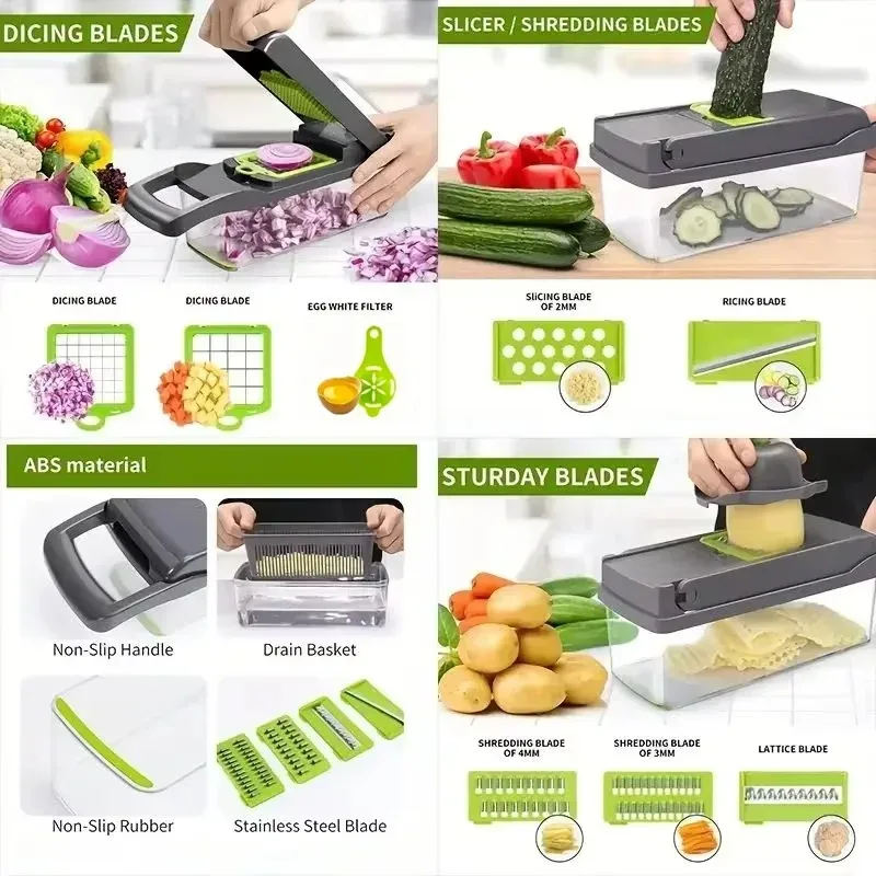 6-in-1 Multifunctional Vegetable Chopper - 3 Blades for Dicing/Slicing/Grating, Includes Egg Separator & Potato Shredder,