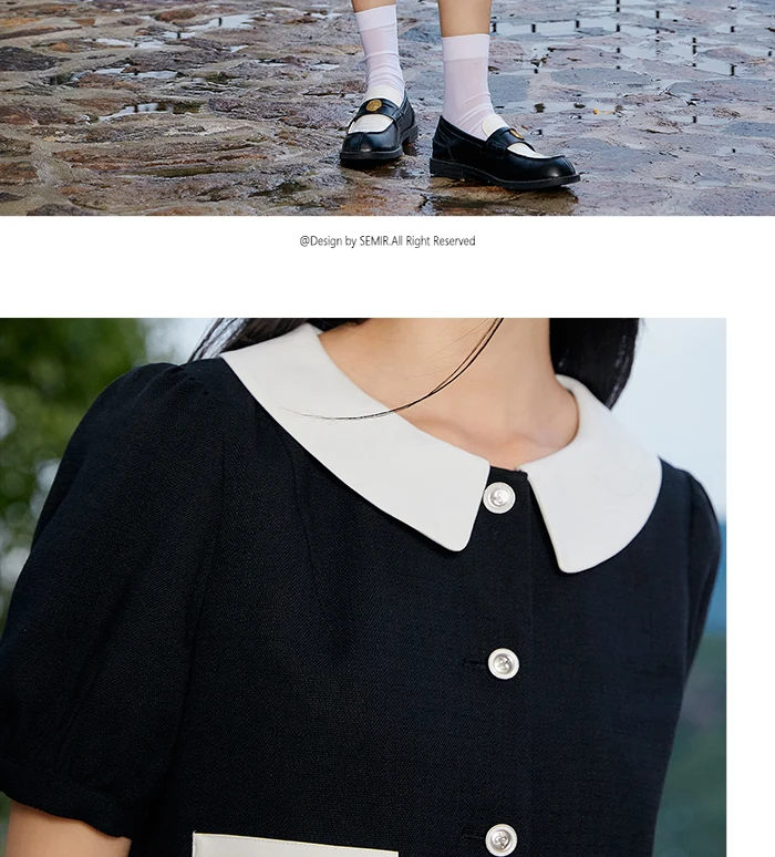Dress Women Contrast Texture Fake Two Pieces Summer New Bubble Sleeve Breasted Short Dress Elegant Small Fragrance