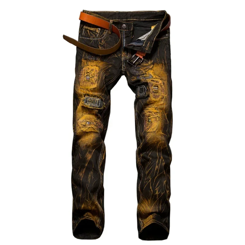 Men's Trousers Men's Patchwork Ripped Jeans (no Belt) Personalized Fashion Vintage Denim Pants High Street Hip Hop High Quality Male Trousers