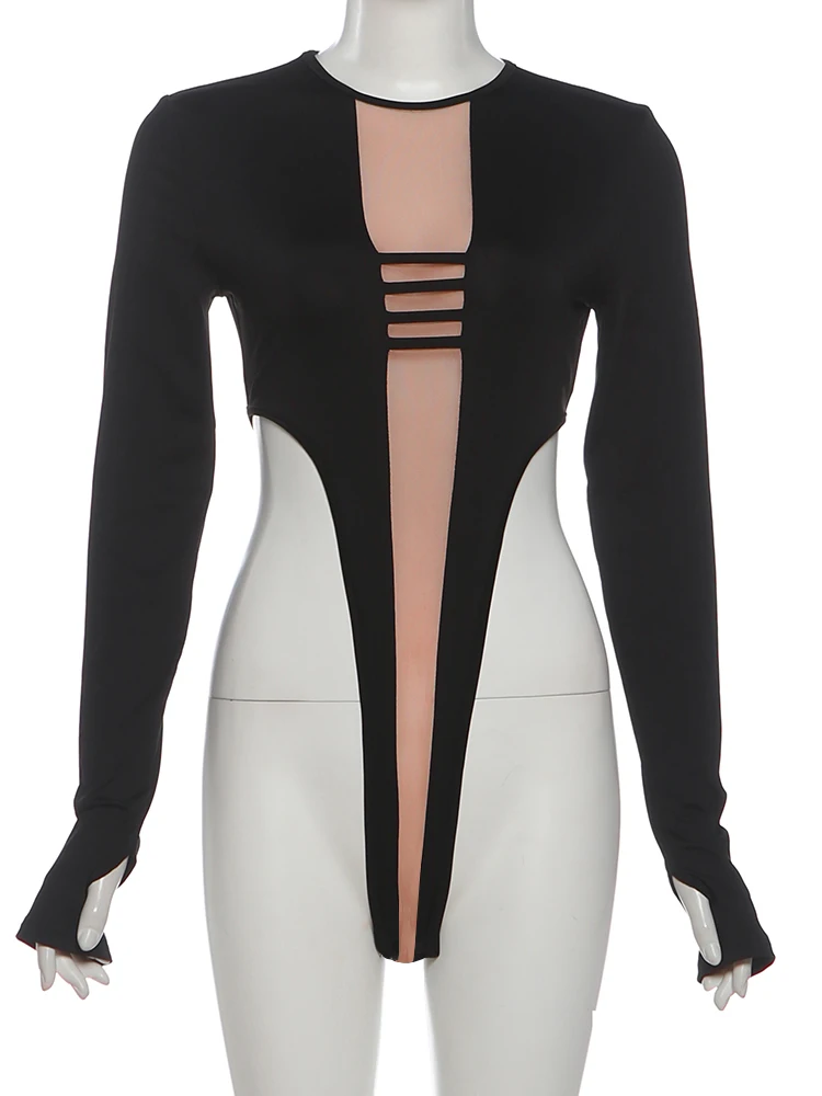 Nibber Coquett Bodysuit Women O-Neck Y2K Trend Hollow Sexy Full Sleeve Patchwork Stretch Skinny Midnight Party Classic Clubwear