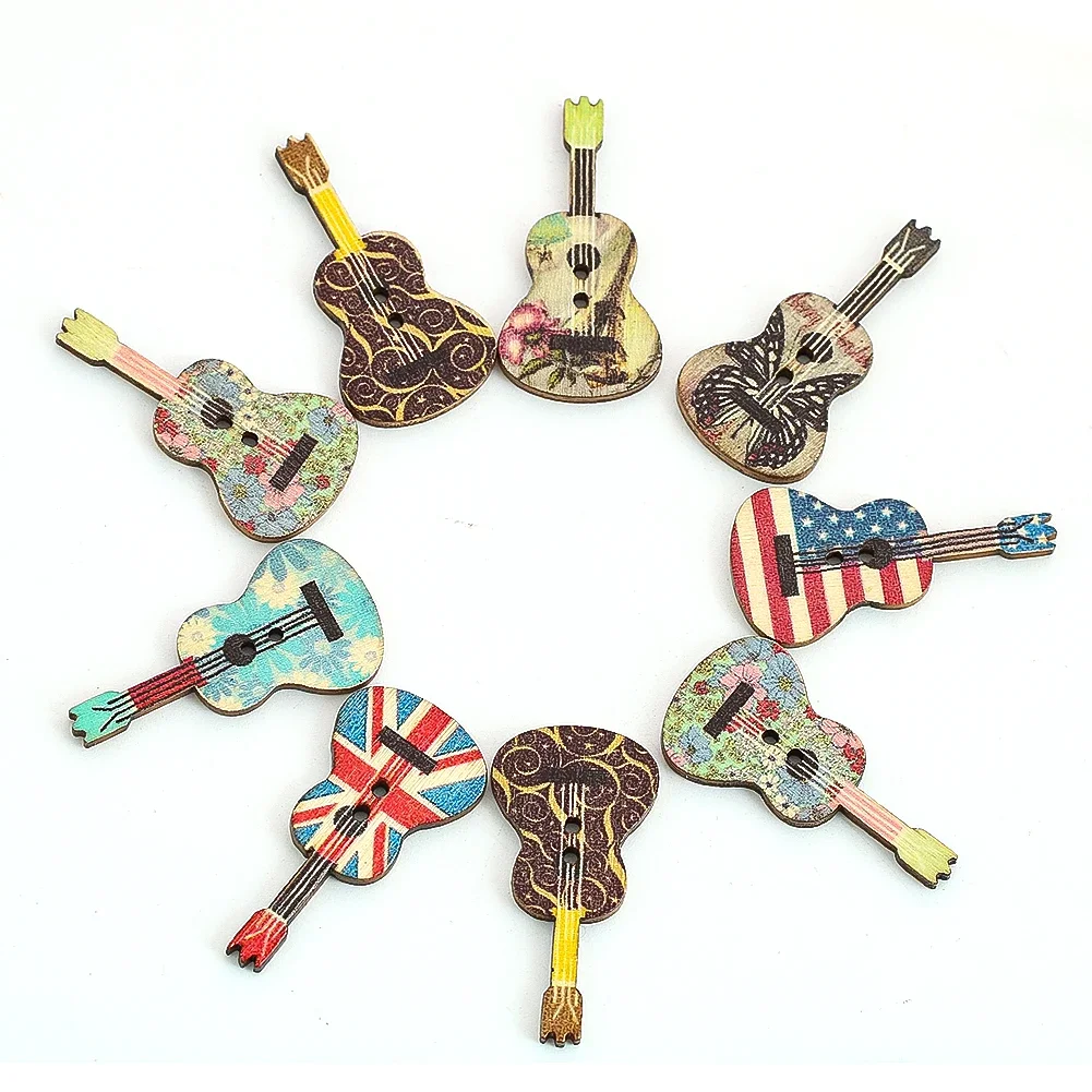 

10PCS Mixed Guitar Shape Flower Painted Buttons 35mm 2 Holes DIY Handmade Sewing Supplies Clothing Accessories Fabric Decoration