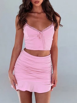 Women s Summer 2Pcs Outfits Lace Trim Crop Cami Tops with High Waist Ruched Mini Skirt 3