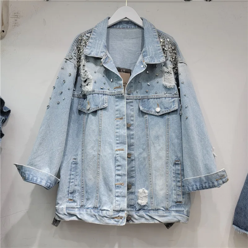 

Fashion Beaded Diamonds Hole Denim Jacket Spring Autumn Women Casual Korean Loose Lapel Long Sleeve Female Jeans Coat Streetwear