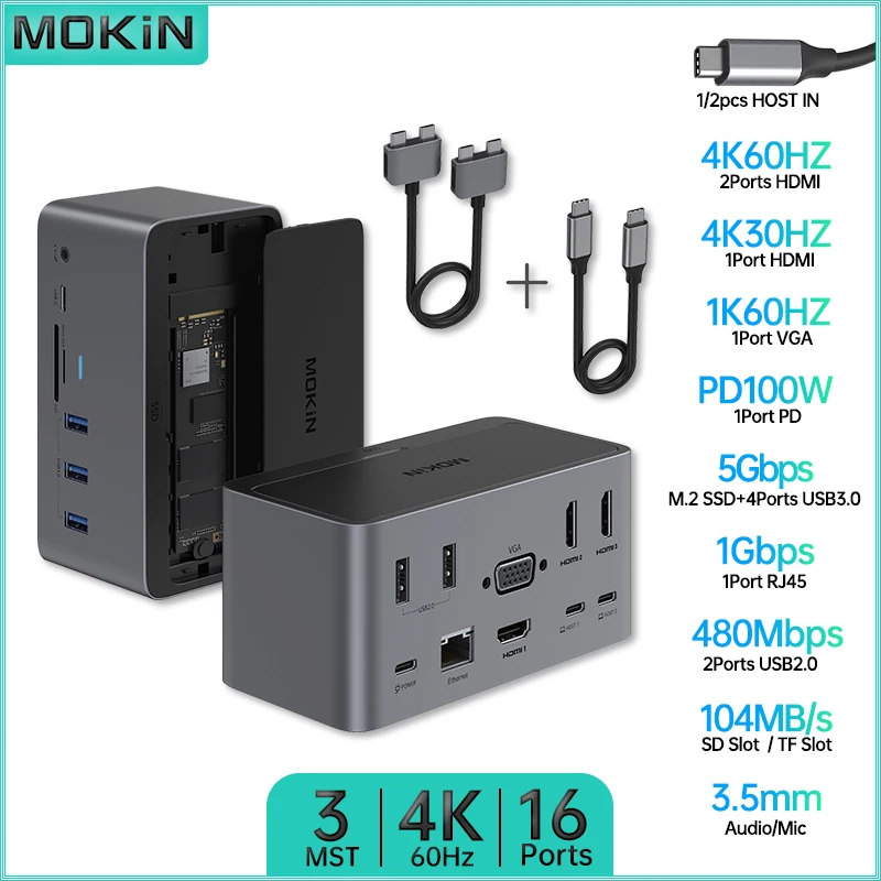 

MOKiN 16 in 1/2 Docking Station for MacBook Air/Pro, iPad, Thunderbolt Laptop - USB2.0, HDMI 4K60Hz, VGA 1K60Hz, SD, TF, SSD M.2