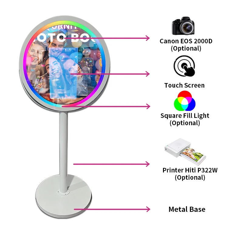 Round Mirror Photo Booth Selfie Led Frame Portable21.5in Touch Screen Magic Mirror Booth Machine for Wedding Party
