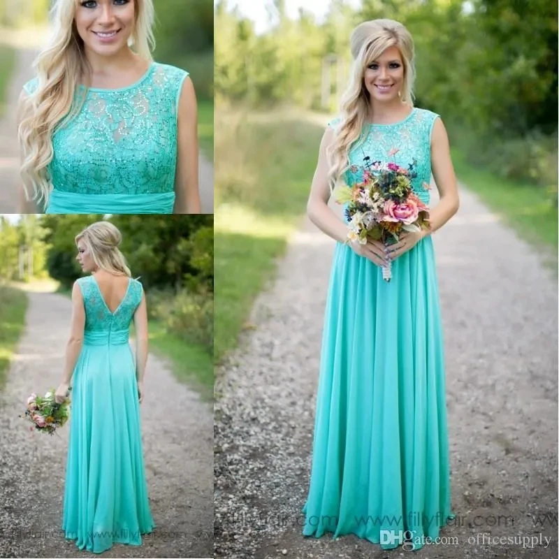 

Blue Vintage Country Style Turquoise Bridesmaid Dresses Crew Neck Sequined Lace Chiffon Long Beach Maid of Honor Wedding Party D