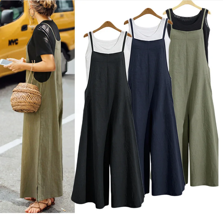 Casual Loose Jumpsuit Women Summer Solid Cotton Linen Straps Wide Leg Pants Dungaree Bib Overalls Sleeveless Oversized Jumpsuits