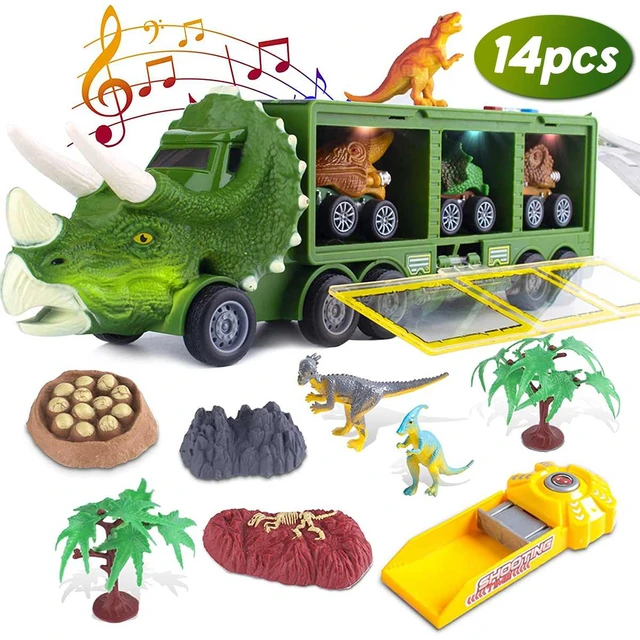 Camion dinosaure transportable vert + 3 vehicules dino