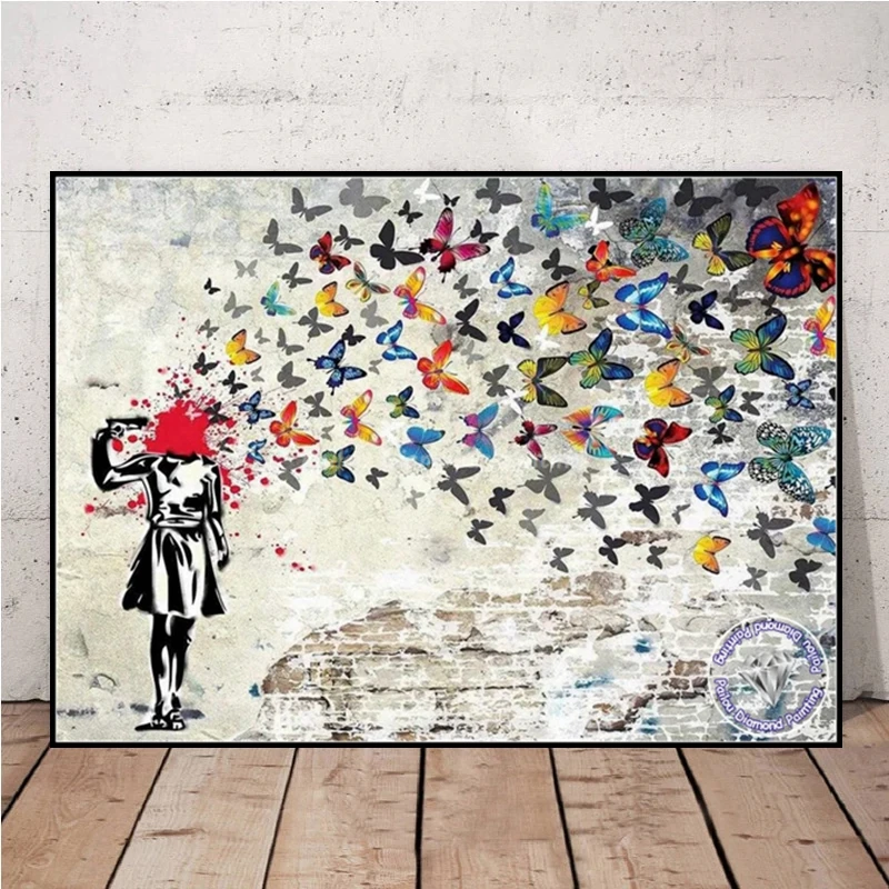 Banksy Behind The Curtain Graffiti Art 5d Diamond Painting Butterfly Girl Street Artwork Crystal Cross Stitch Craft Wall Decor