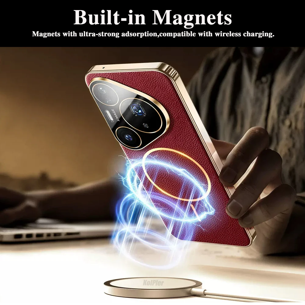 Magnetic Plating Leather Phone Case with Full Lens Protection & Wireless Charging Support