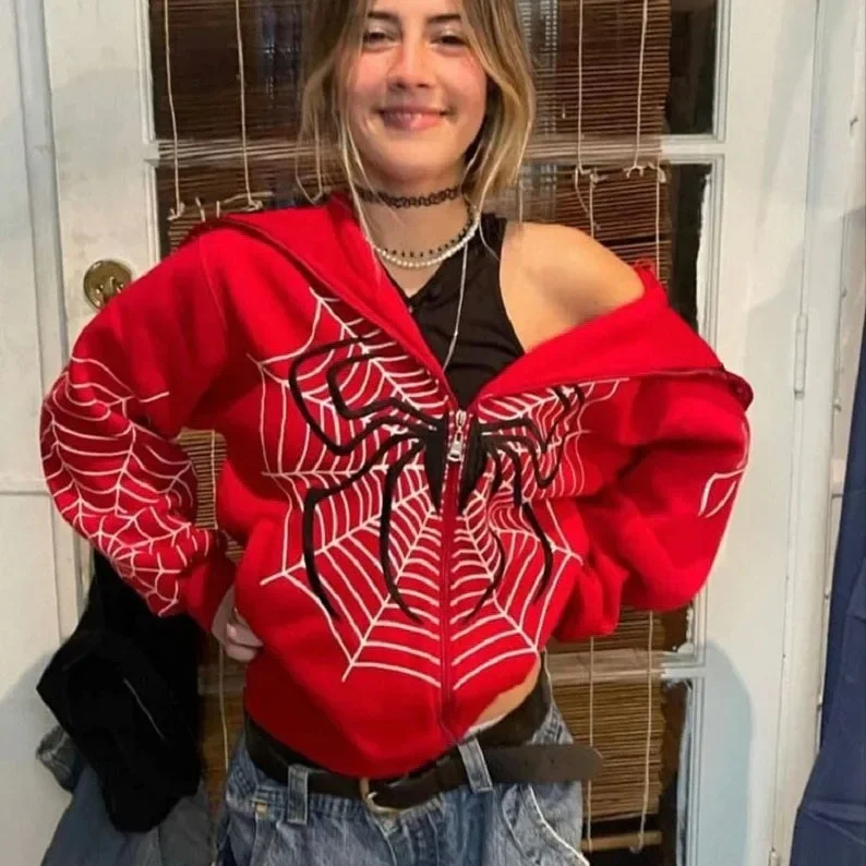 Suéter con cremallera de tela de araña cruzada para mujer, Sudadera con capucha informal de moda, abrigo de lana americano, primavera y otoño, 2024 - Imagen 2