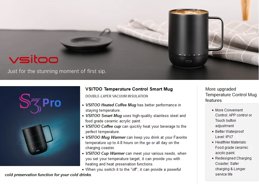 Smart Mug Warmer with Double Vacuum Insulation,VSITOO S3 Pro App