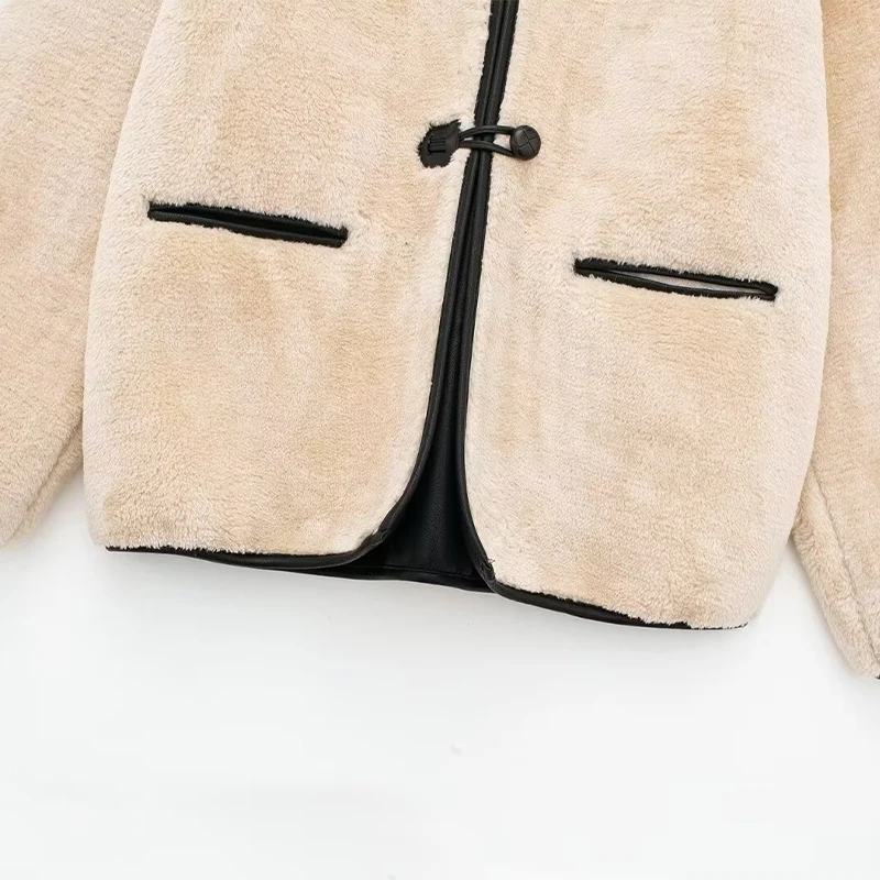 Vintage Lambs Wool Jacket For Women Loose Fleece O-neck Single Breasted Pockets Long Sleeve Fur Coat Autumn Winter Lady Outwear