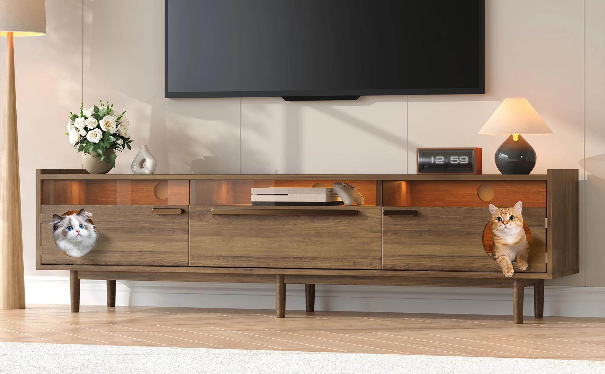 Moderner TV-Schrank mit LED-Beleuchtung – mit Katzenrückhaltfläche, Stützhüllen, stahlverstärkten Glastüren und 1-Schublade – Detail 10