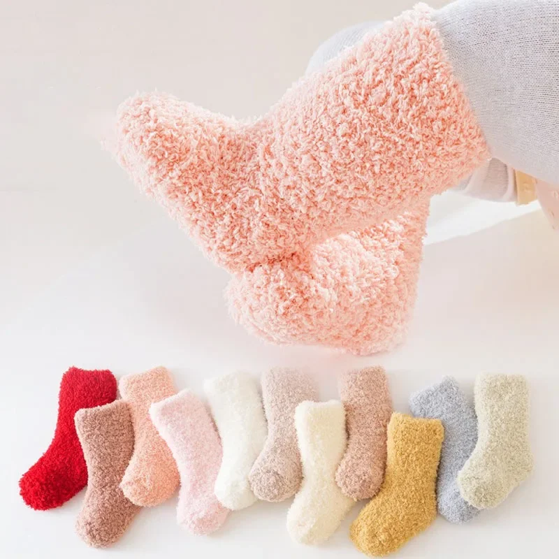 0-5Y Baby Coral Velvet Socks Autumn Winter Candy Color Versatile Children Warm Socken Thicken Kids Stockings Infants Plush Socks