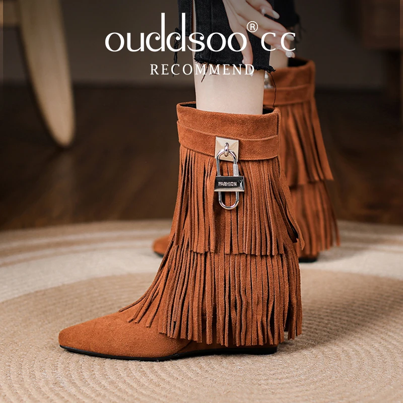 

ODS Retro Luxury Knee Women High Heel Boots Shark Lock Decor Women Wedge Pointed Toe Long Platform Botas Mujer Shoes Lady 404142