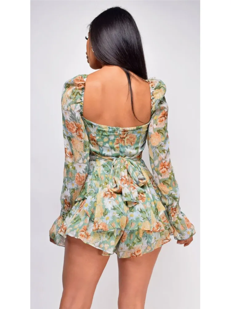 Flower Printed Jumpsuits Women Autumn New Long Sleeve Ruffles Leace-up Sexy Backless Chic Jumpsuit Shorts Ladies Fashion Elegant