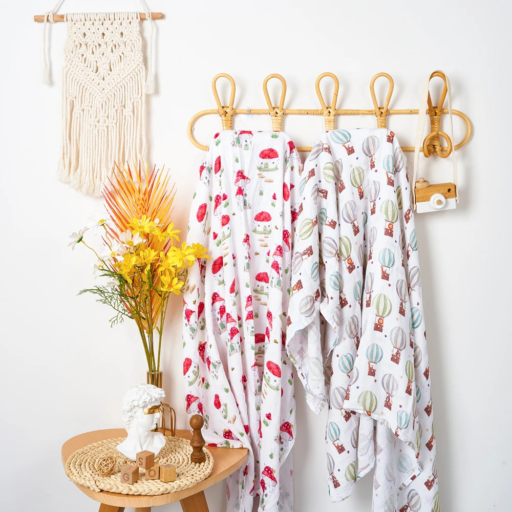 HappyFlute 120*110CM Random Digital Print Bamboo Cotton 2Layer Super Soft Muslin Swaddle High Quality Newborn Baby Bath Wrap 4