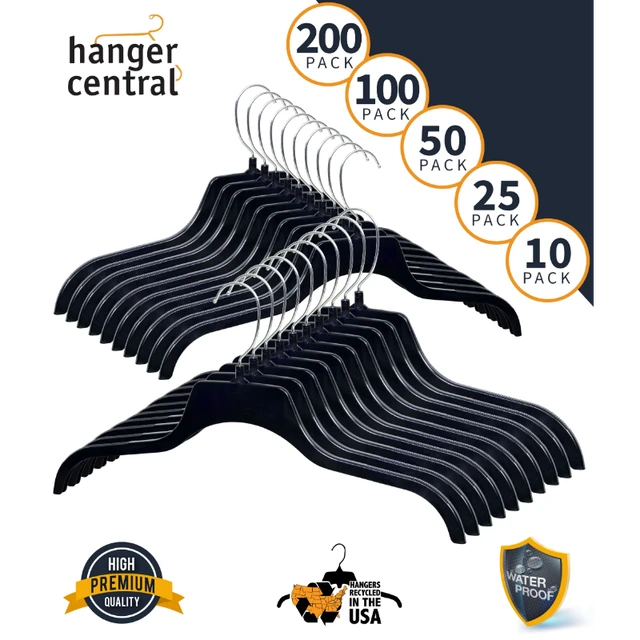 Hanger Central Recycled Heavy Duty Plastic Hangers, Long Polished Metal Swivel Hooks, 19 inch, 50 Pack, Black, Size: 19 inch