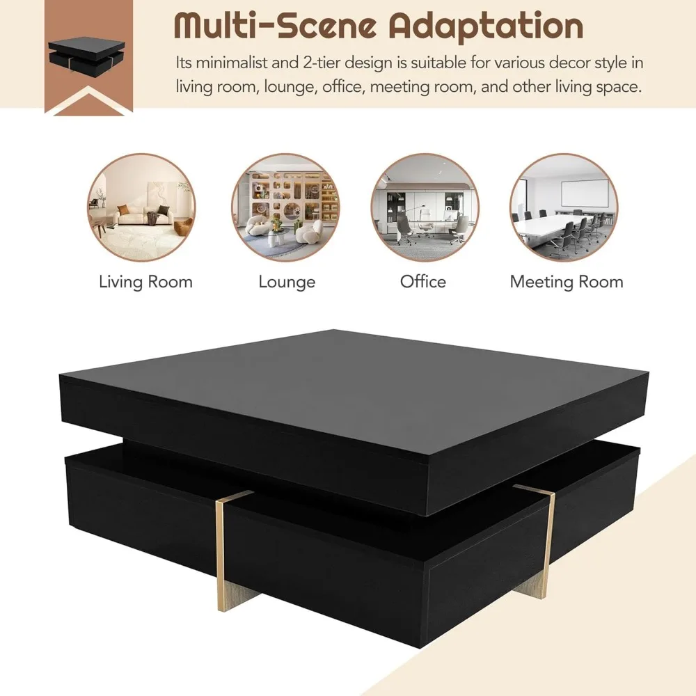 Modern Coffee Table with Storage, Contemporary Square Coffee Table with Drawers, High Gloss Modern Center Table 6