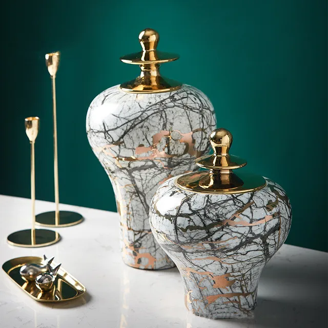 Vintage Palack Márványozott Tábornok Golden Ginger Jar Porcelán Kézműves Díszek Váza Virág Elrendezés Otthoni Dekoráció - Image 3