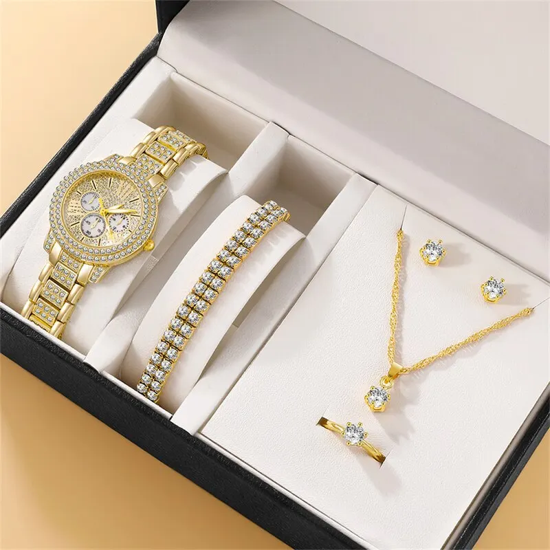 Ensemble De Bijoux De Luxe Pour Femme - Collier, Bracelet, Bague, Montre Et Boucles D'oreilles - Rose