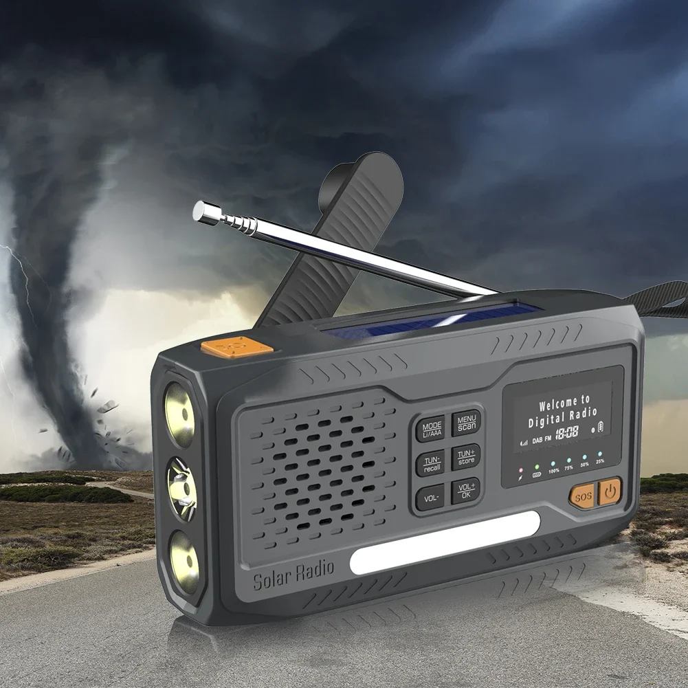 Solar Hand Crank Emergency Radio 2000mAh Rechargeable DAB/FM/Bluetooth-Compatible Radio 4 Ways Powered Reading Lamp for Survival