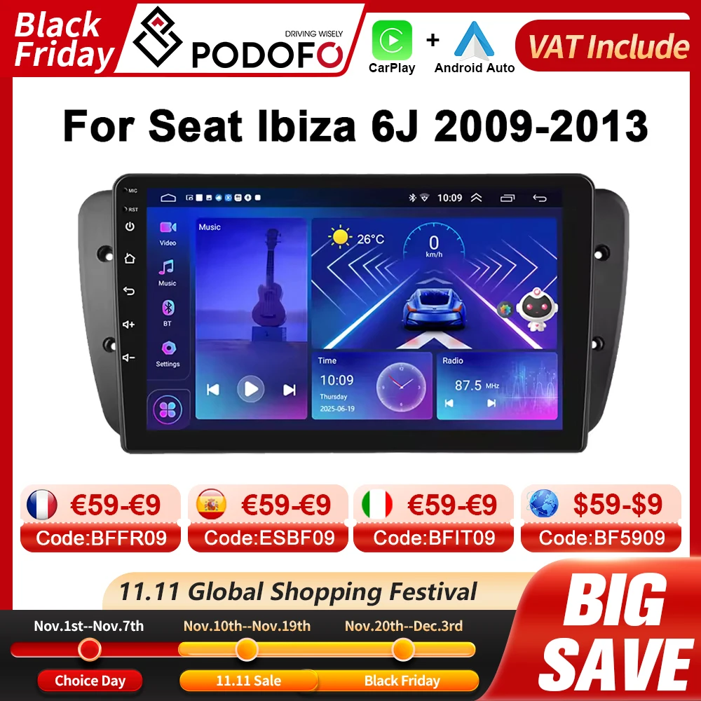 Podofo 4G CarPlay Android Radio For Seat Ibiza 6J 2009-2013 Car Multimedia Player FM GPS Stereo Receiver Head Unit IPS Autoradio
