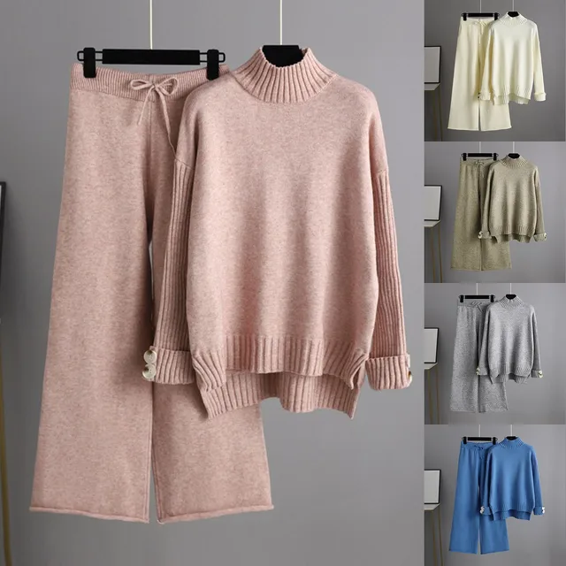 Women Knitwear Sets Long Sleeve with Buttons Turtleneck Side Slit Sweater Elastic Waist Wide Leg Pants Autumn Winter Outfits 1
