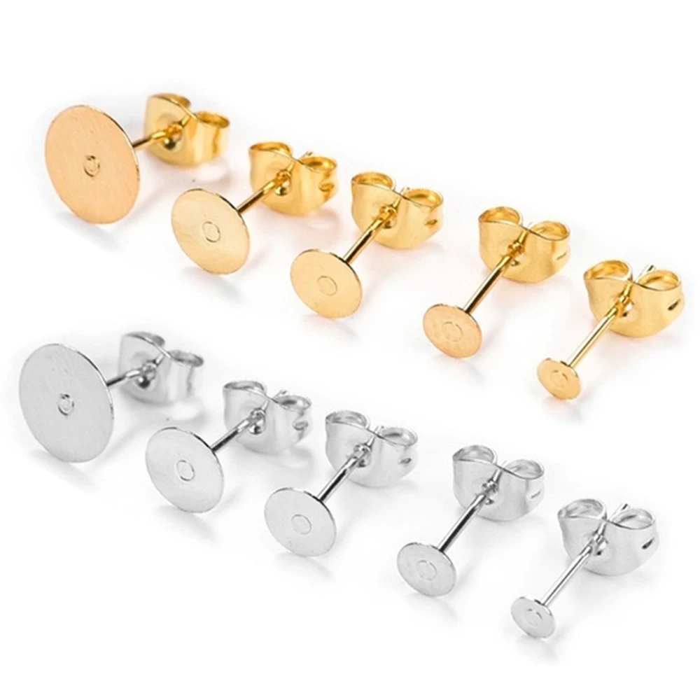 

100Sets Gold Color 316 Stainless Steel Earring Studs 3-10mm Blank Post Base with Earring Back Plug Jewelry Making DIY Findings