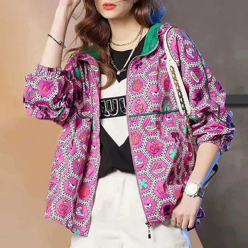 Commute Printed Casual Loose Jackets 2023 Spring Autumn Korean Female Clothing Long Sleeve Stylish Zipper Hooded Spliced Coats