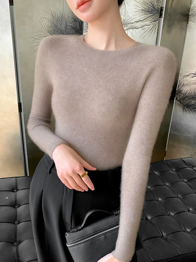 Spring and autumn women's sweater solid color 100% merino wool women's O-neck knit pullover slim soft sexy long sleeve top