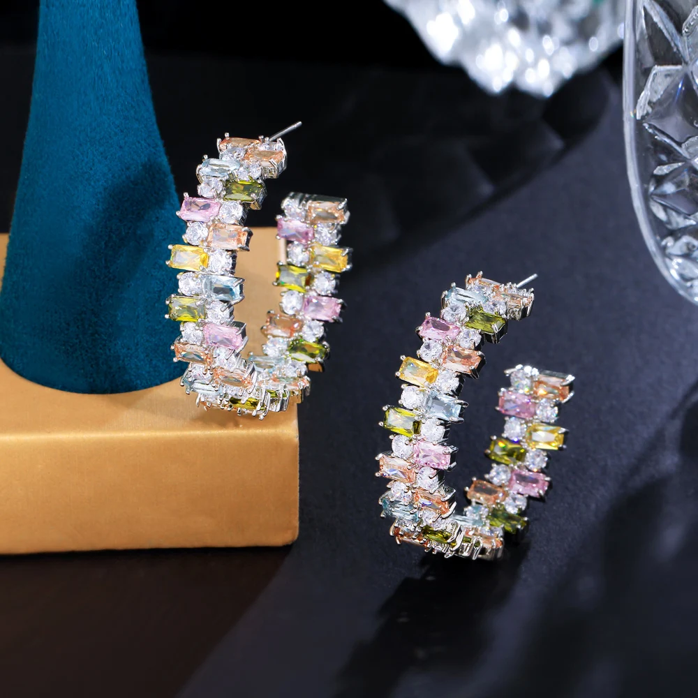 

ThreeGraces Shiny Multicolor Cubic Zirconia Silver Color Big Baguette CZ Hoop Earrings for Women Chic Daily Party Jewelry E1382