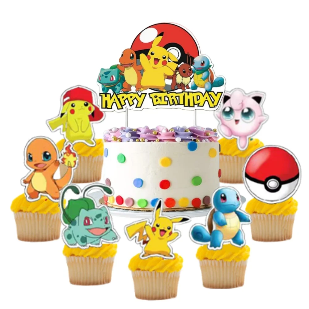 Pokemon Happy Birthday Cake Toppers Cartoon Pikachu Cupcake Topper For Kids Birthday Party Cake Flag Decorations Baby Shower