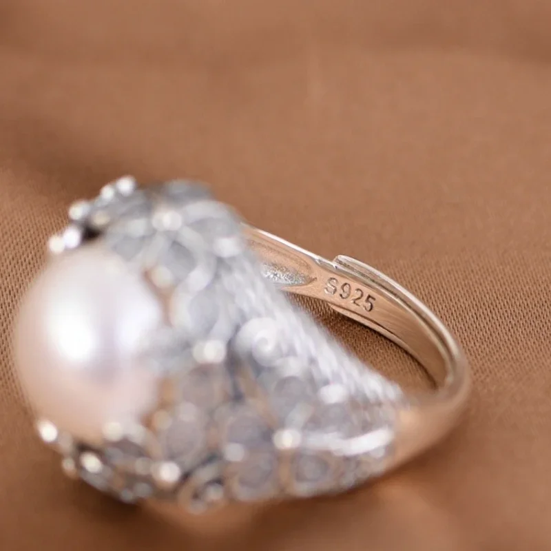 S925 sterling silver rings for Women New Fashion round freshwater pearl filigree butterfly flowers punk jewelry free shipping