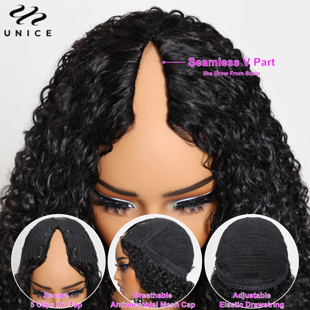 UNICE Hair Curly V Part Wig Natural Color 100% Human Hair V Part Wig With Elastic Drawstring Fit For Small Medium Large Cap for human hair wigs